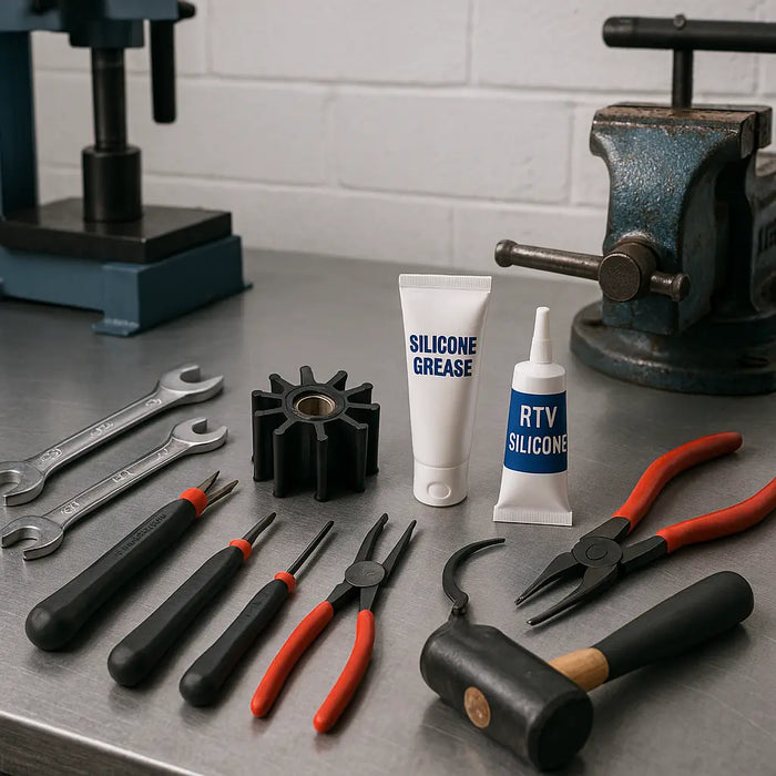 Workbench with tools for raw water impeller service, including wrench, screwdriver, pliers, lubricant, impeller puller, gloves, and raw water pump impeller in a marine workshop setting