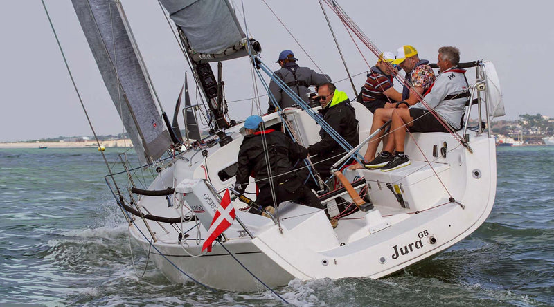 Sail boat with crew onboard in the water