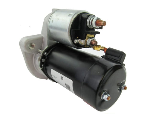 Volvo Penta 2001 12V starter motor, showing a silver metal housing, black plastic body, and wire connectors.