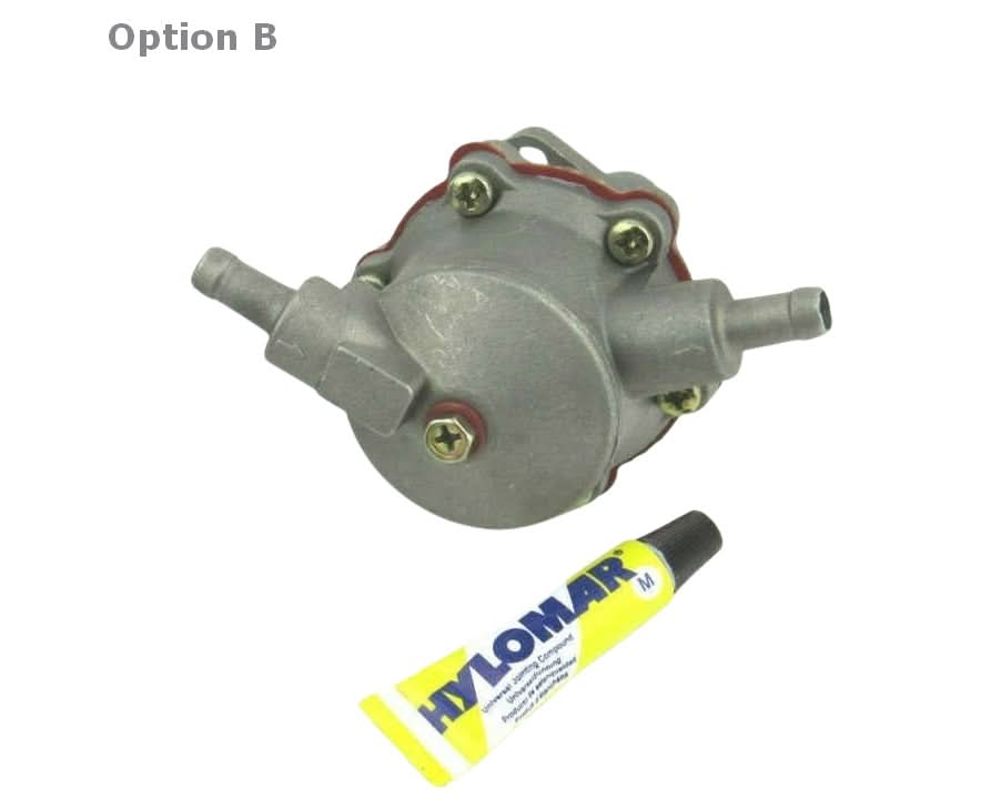 Two types of Volvo Penta D2-50F fuel lift pumps along with Banjo bolts, copper washers, a gasket, and a tube of gasket sealant.