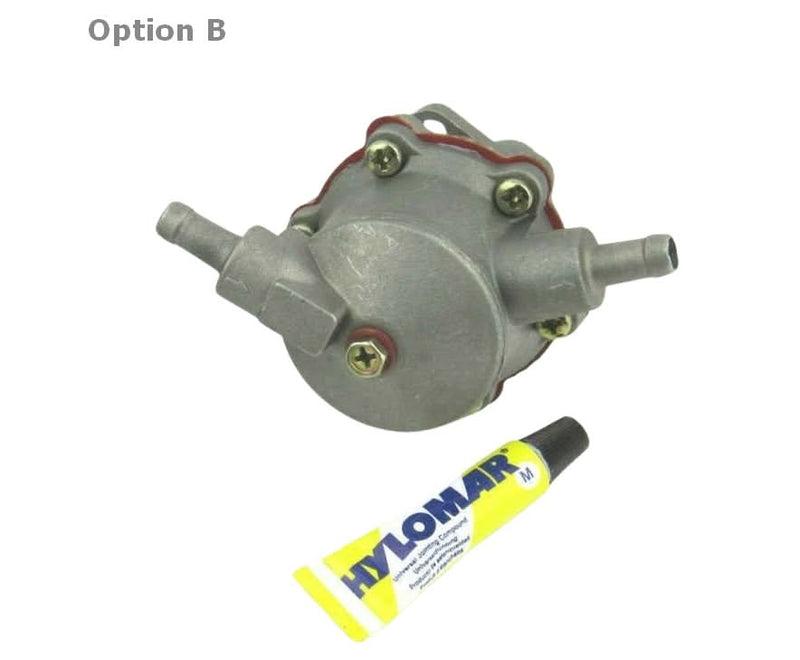 Two types of Volvo Penta D2-50F fuel lift pumps along with Banjo bolts, copper washers, a gasket, and a tube of gasket sealant.